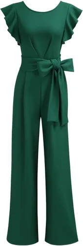 Vista 5 de Knitee - Mono de una pieza para mujer, vintage, sin mangas, con volantes, cintura alta, pierna ancha, formal, largo, con cinturón