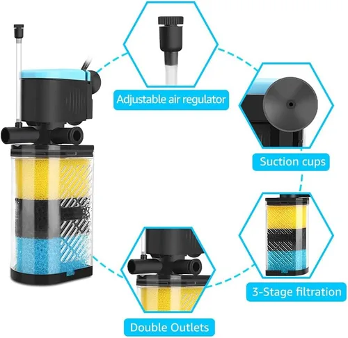 Vista 4 de Filtros de acuario – Filtro de acuario de 3 etapas, filtro interno en el tanque, filtro para peceras de peces y tortugas para tanques de peces