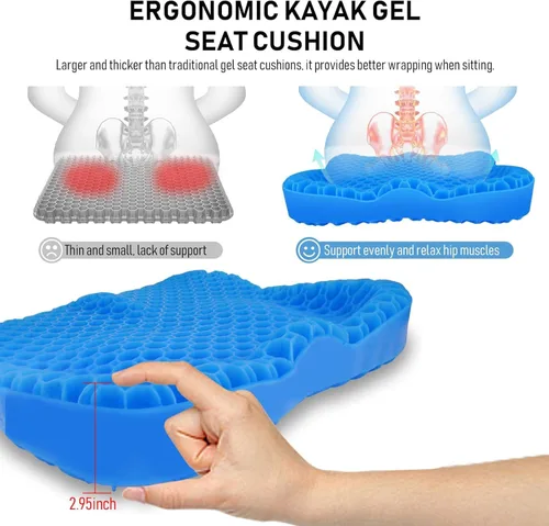Vista 2 de NEW-Vi Cojín antideslizante para asiento de kayak, cojín de gel doble grueso, cojín de asiento de gel impermeable para kayak, alivio del dolor