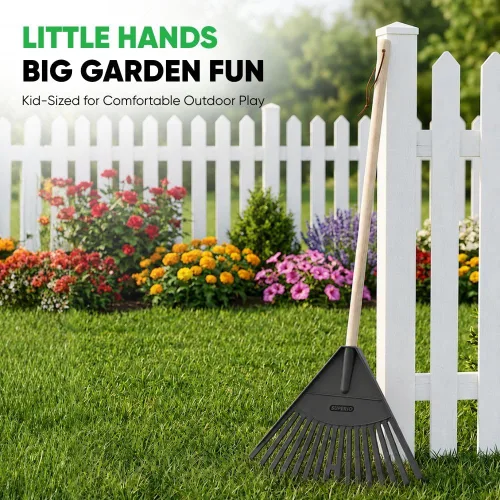Vista 2 de Rastrillo de hojas, recolector de hojas grises para niños, paquete a granel, rastrillo de jardinería, paquete de 24 rastrillos de plástico con mango