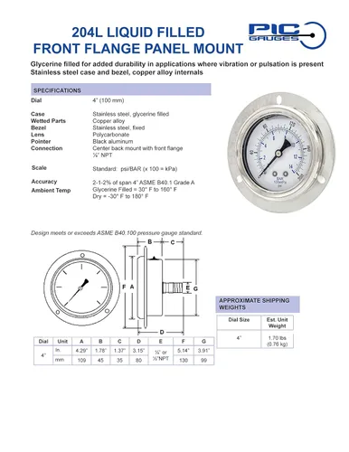 Vista 5 de PIC Gauges 204L-404M Medidor de presión relleno de glicerina con brida frontal con carcasa SS/bisel, internos de latón, lente de PC, esfera de 4