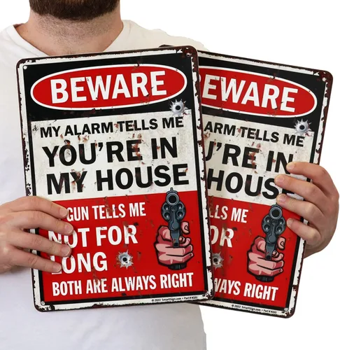 Vista 2 de SmartSign Paquete de 2 letreros divertidos con texto en inglés "Beware - My Alarm Tells You Are In My House" de 14 x 10 pulgadas con gráfico