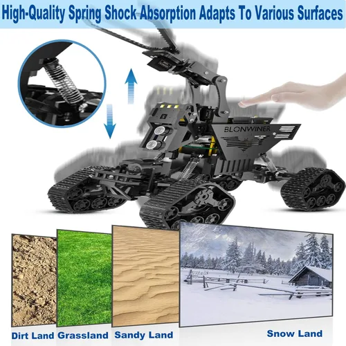 Vista 6 de Kit de carro robot BLONWINER, juguete de construcción de brazo robótico inteligente 2 en 1 para codificación Python en Raspberry Pi, kits de tanque
