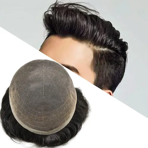 Vista 7 de Sistema de cabello para hombre, encaje francés suave, pieza de cabello humano real, nudos blanqueados, cabello frontal, tupé para hombres