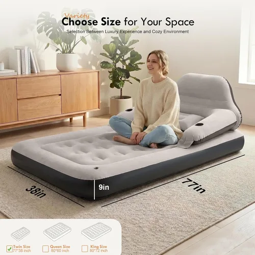 Vista 6 de DIMAR GARDEN Colchón de aire tamaño twin con cabecera y almohadas, cama inflable