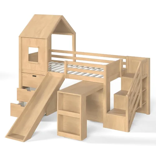 Vista 7 de SOFTSEA Cama tipo loft con tobogán, almacenamiento y escritorio para niños Natural