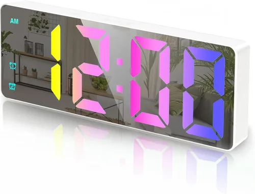 Vista 15 de Reloj Despertador Digital Pequeño, Relojes Electrónicos LED de Superficie Espejada con Pantalla Grande, Brillo Ajustable y Función de Repetición