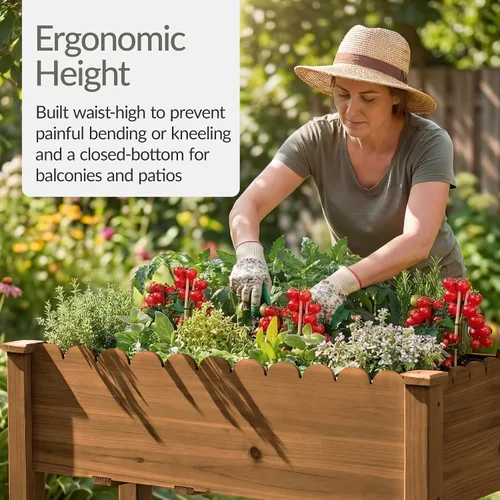 Vista 4 de Best Choice Products Cama de jardín elevada, diseño festoneado, soporte elevado de madera para patio trasero, patio, balcón con forro de cama, 48 x