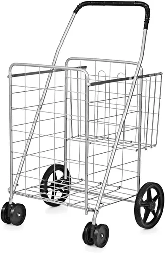 Vista 10 de Goplus Carrito de compras plegable jumbo con ruedas giratorias, carrito de compras plegable sobre ruedas con doble cesta, carrito de utilidad