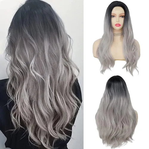 Vista 12 de Tseses Pelucas largas y onduladas de color azul degradado para mujer, pelucas de cabello sintético con raíces oscuras, cosplay, fiesta de Halloween