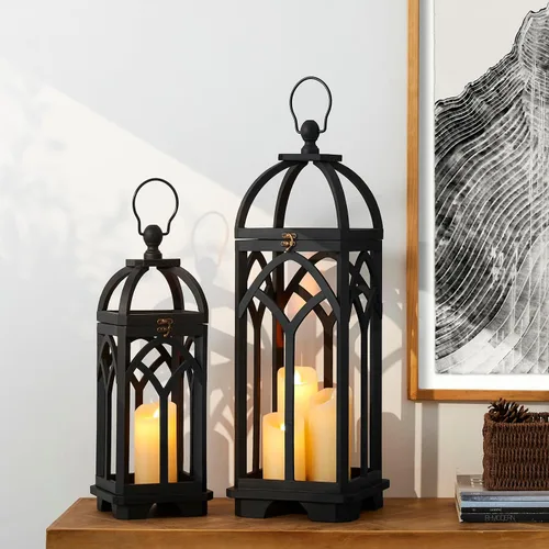 Vista 8 de Glitzhome Faroles decorativos de madera para velas, faroles con marco de madera para ventana de iglesia, para boda, chimenea, entrada, hogar, patio