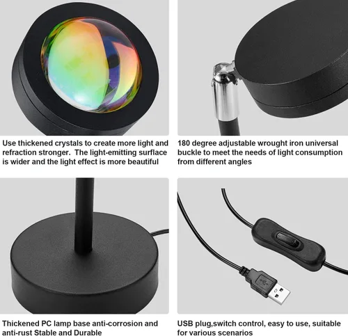 Vista 3 de Lámpara de puesta de sol, proyección LED, rotación de 180 grados, lámpara de proyección de arco iris USB, luz nocturna, proyector romántico