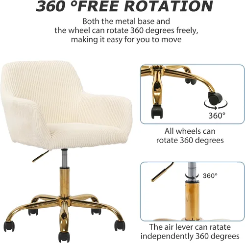 Vista 4 de KCC Silla de Tocador de Maquillaje de Tela de Pana, Sillón Giratorio Esponjoso Moderno con Ruedas, Tapizada Mullida de Altura Ajustable para Niñas