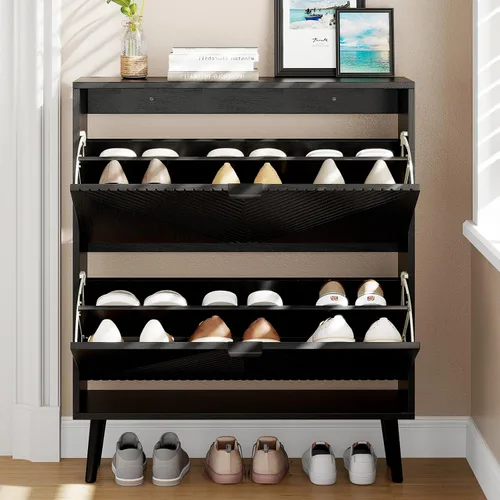 Vista 9 de oakvivo Armario de zapatos, organizador independiente de granja con 2 cajones abatibles y 4 pies de madera, armario estrecho para zapatos, para Negro