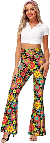 Vista 2 de Deerose Pantalones de Cintura Alta Elásticos Ajustados Acampanados Estilo Hippie para Mujer