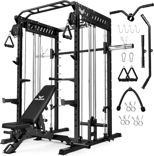 Vista 26 de JELENS M21 - Máquina Smith, jaula de potencia multifunción con sistema de cruce de cable de polea doble, banco de sentadillas todo en uno de 907 kg