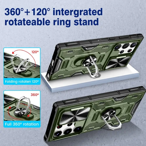 Vista 4 de VEGO Funda para Galaxy S23 Ultra con soporte, protector de lente de cámara deslizante y funda resistente con clip para cinturón, cubierta protectora
