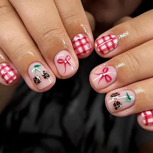 Vista 14 de Lindas uñas a presión de tamaño mediano - Uñas falsas cuadradas con punta francesa, uñas acrílicas rojas de cobertura completa brillantes
