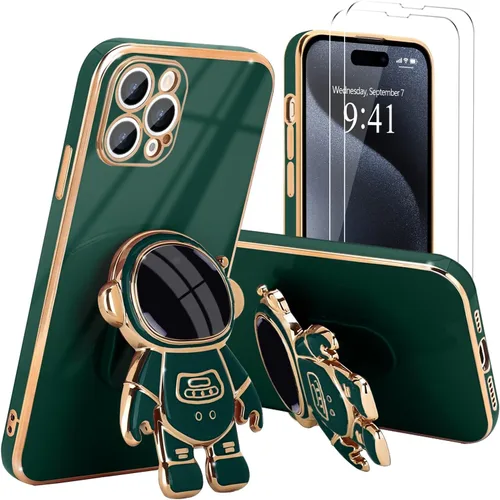 Vista 50 de Pepmune - Funda para iPhone 15 con soporte de astronauta 3D, color negro [2 Screen Protector], Luxury Electroplated Soft TPU Cover with Kickstand