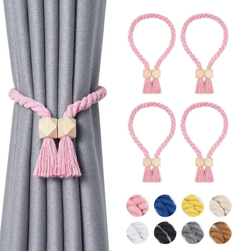 Vista 15 de NICEEC 2 Pack de Alzapaños Magnéticos de Madera en Forma de Cubo Boho para Decoración del Hogar, Alzapaños de Lino Tejidos a Mano para Cortinas Beige