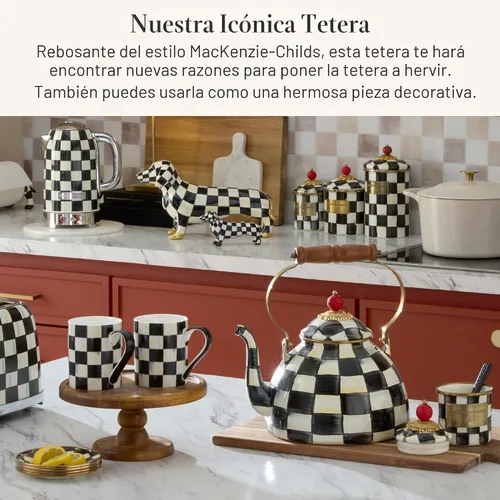 Vista 2 de MACKENZIE-CHILDS Tetera esmaltada, elegante tetera para estufa, cuadros cortesanos en blanco y negro, 3 cuartos de galón color fantasía