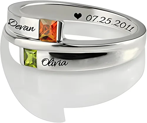 Vista 2 de GSBSCSM Anillo de plata de ley 925 con doble piedra cuadrada grabada, 2 piedras natalicias, anillos de compromiso para mujer