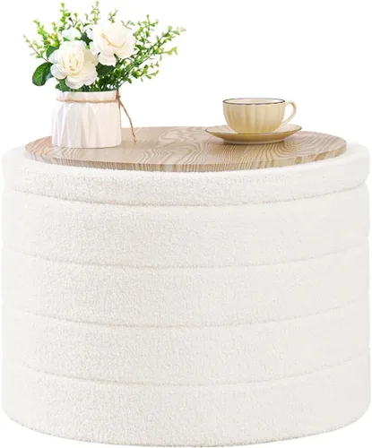 Vista 9 de B FSOBEIIALEO Otomana con Almacenamiento, Taburete Otomano de Almacenamiento Redondo Sherpa, Reposapiés Boucle 14.6"x14.6"x17.7" (Beige)