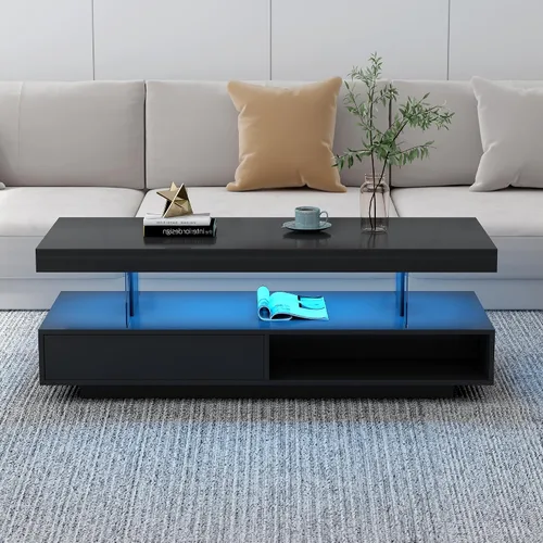 Vista 3 de Merax Mesa auxiliar, mesa auxiliar rectangular con 2 cajones y estantes de exhibición, moderna mesa de cóctel con luces LED y superficie UV de alto