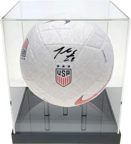 Vista 2 de OnDisplay Expositor de pelota de fútbol/voleibol con protección UV de lujo, base negra, diseño acrílico hecho a mano de lujo