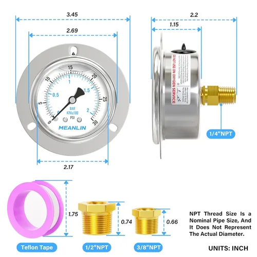 Vista 2 de MEANLIN MEASURE Medidor de presión relleno de líquido de 0 ~ 30 psi, montaje en panel de brida delantera, NPT de 1/4", esfera de cara de 2.5