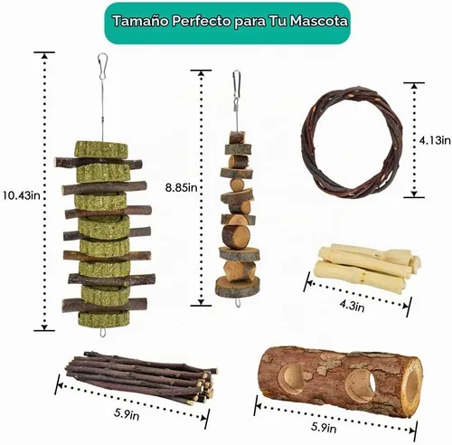 Vista 2 de ERKOON Paquete de 12 juguetes para masticar hámster, rata, cobaya, chinchilla, accesorios para masticar, mancuernas de madera natural, rodillo