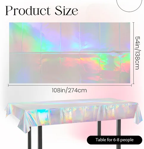 Vista 2 de Mantel holográfico iridiscente de 54 x 108 pulgadas, de plástico brillante con láser, para fiesta de cumpleaños, impermeable, para Navidad, boda