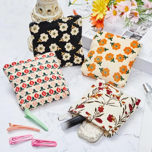 Vista 3 de Abbylike 4 piezas de bolsa de maquillaje floral, bolsa de cosméticos de pana con cremallera, pequeñas bolsas portátiles para bolso, mini bolsa