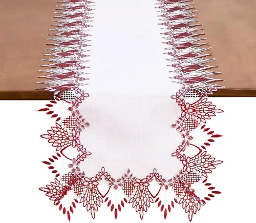 Vista 10 de Camino de mesa de lino de encaje rojo oscuro blanco de 36 pulgadas de largo, bufanda de aparador claret, decoración de mesa para Navidad, cocina
