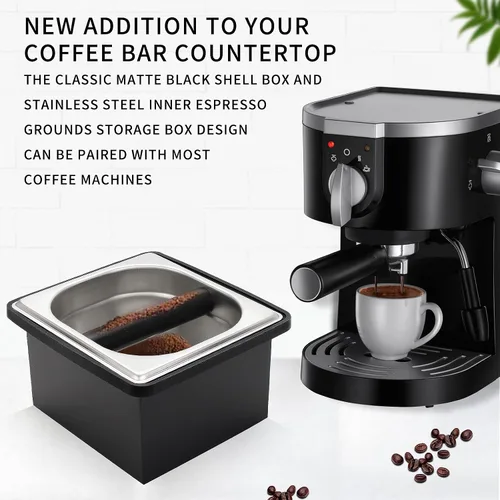 Vista 7 de DIBTSA Caja de café expreso, recipiente de acero inoxidable para discos de café, con soporte de acero y anillo de goma de reducción de ruido