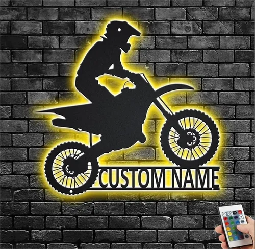 Vista 7 de Arte de pared de metal personalizado para motocicleta con luz LED, regalos para el día del padre, regalos de moto de cross para niños y hombres