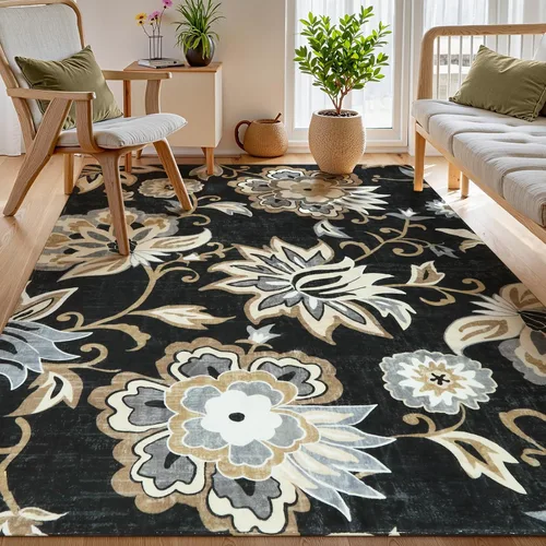 Vista 47 de Lahome - Tapete floral con estampado de cachemira, lavable, antideslizante, pequeño, anti-manchas, suave, para baño, entrada, dormitorio, Negro