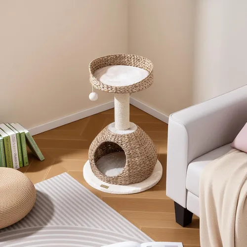 Vista 3 de PETSITE Árbol para gatos moderno de 28 pulgadas, poste rascador de sisal de sisal de torre para gatos, hecho a mano y percha superior, bola colgante