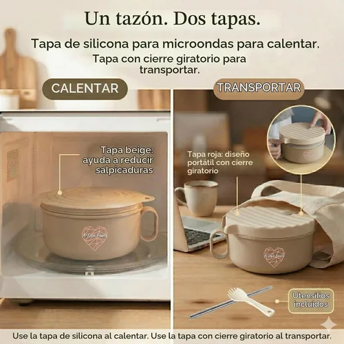 Vista 5 de Tazón de ramen para microondas de 40 onzas, olla de ramen con tapa, regalo Beige