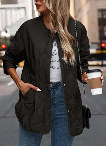 Vista 6 de PRETTYGARDEN Chaqueta bomber acolchada para mujer, estilo casual, de gran tamaño, con botones, ropa exterior