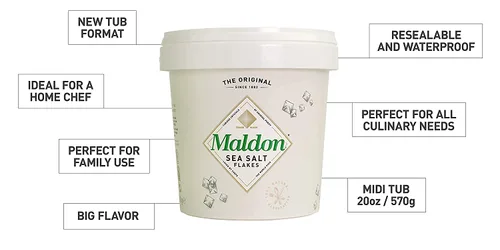 Vista 5 de Maldon Sal, copos de sal marina, tina resellable, Kosher, natural, artesanal, gourmet, cristales piramidales, 20 oz (570 g) paquete de 2