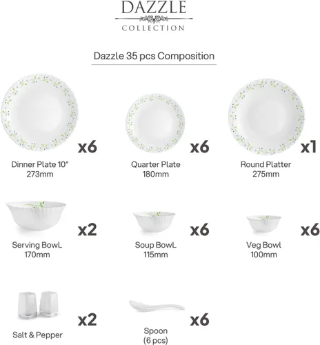 Vista 8 de Cello Tropical Lagoon Dazzle Series Opalware - Juego de vajilla de 35 piezas, servicio para 6, color blanco