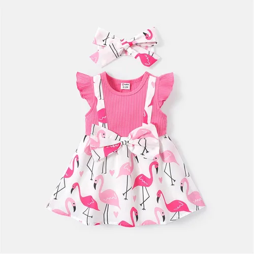 Vista 6 de PATPAT Vestido para bebé recién nacida, manga con volantes, vestido con tirantes y diadema con lazo, talla 3M-3T