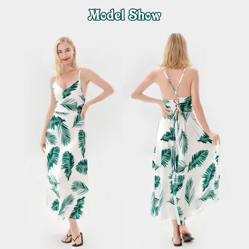 Vista 4 de Vestido de verano a juego con estampado de hojas verdes para madre e hija faldas sin mangas traje de playa a juego para la familia