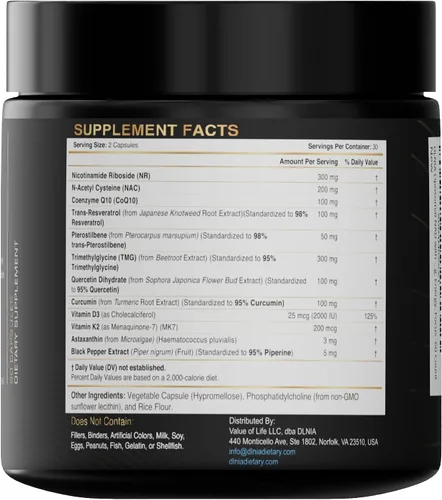 Vista 2 de DLNIA Suplemento NAD+ y alternativa a NMN — Ribosida de nicotinamida liposomal (NR) 1258 mg con resveratrol, quercetina, pterostilbeno y CoQ10