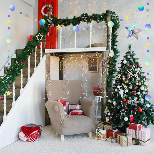 Vista 4 de 37 piezas de decoraciones holográficas iridiscentes para fiestas, remolinos con purpurina, guirnalda de galaxia, suministros de fiesta de estrella