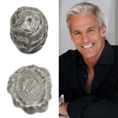 Vista 459 de Toupee para hombre 100% cabello humano real tupé para hombres 0.004 in piel de poliuretano para hombre, sistema de reemplazo de piezas de pelo