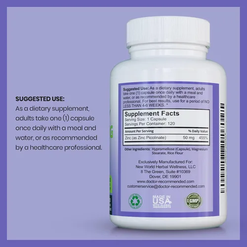 Vista 2 de Zinc 50mg – Suplemento de apoyo para la salud inmunológica de picolinato de zinc, 120 cápsulas vegetales para adultos y niños, suplementos de zinc