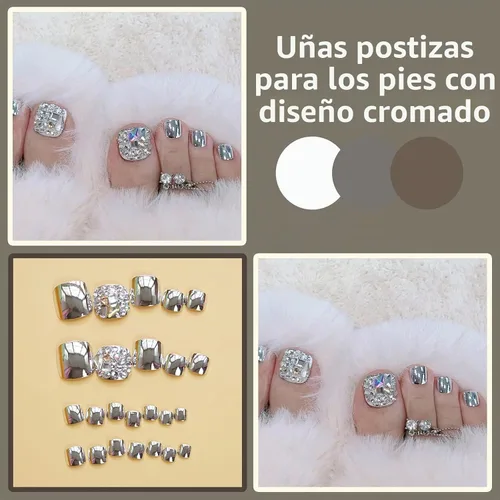 Vista 3 de MISUD Uñas a presión – Uñas adhesivas para los dedos con cromo plateado, uñas acrílicas con diseño de diamantes de imitación, 24 piezas