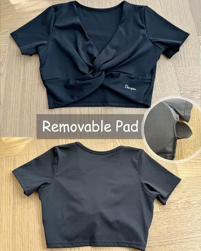 Vista 6 de Danysu Parte superior con nudo frontal para mujer, con relleno, manga corta, para entrenamiento, con nudos, para gimnasio